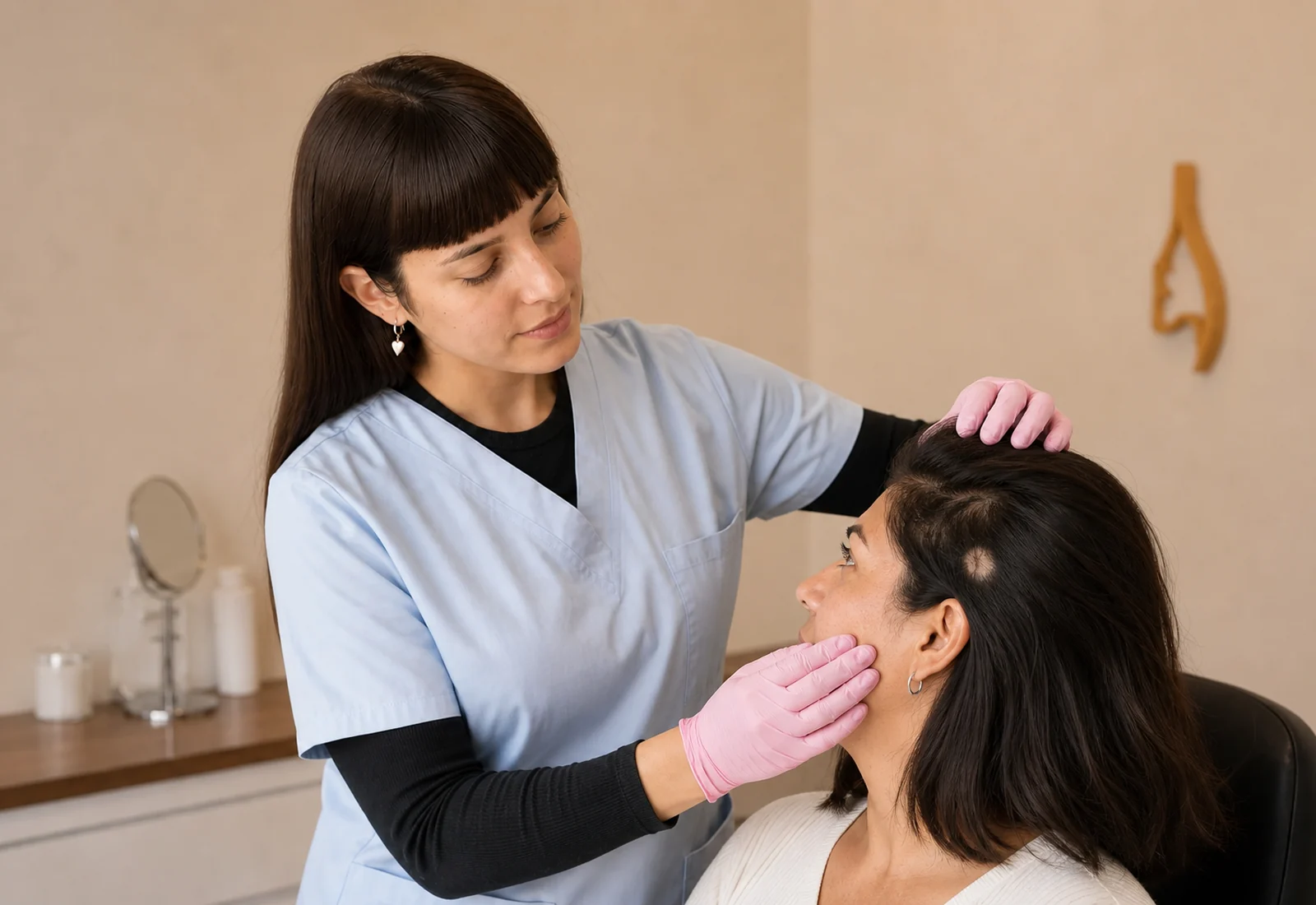 Escena editorial de acompañamiento profesional para Alopecia areata