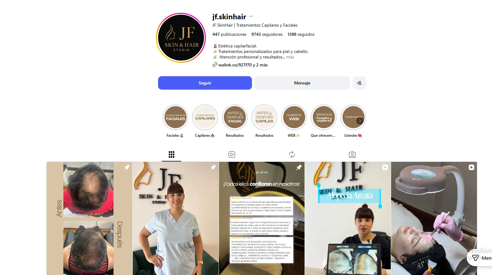 Vista del perfil de Instagram de JF Skin & Hair Studio, con publicaciones de tratamientos y resultados reales.